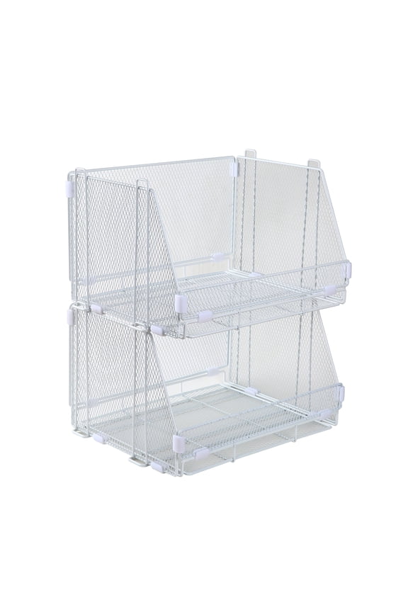 Folding Stackable Storage Baskets, Collapsible Plastic Organizer Bins with Clip Handles, 2 Pack, White