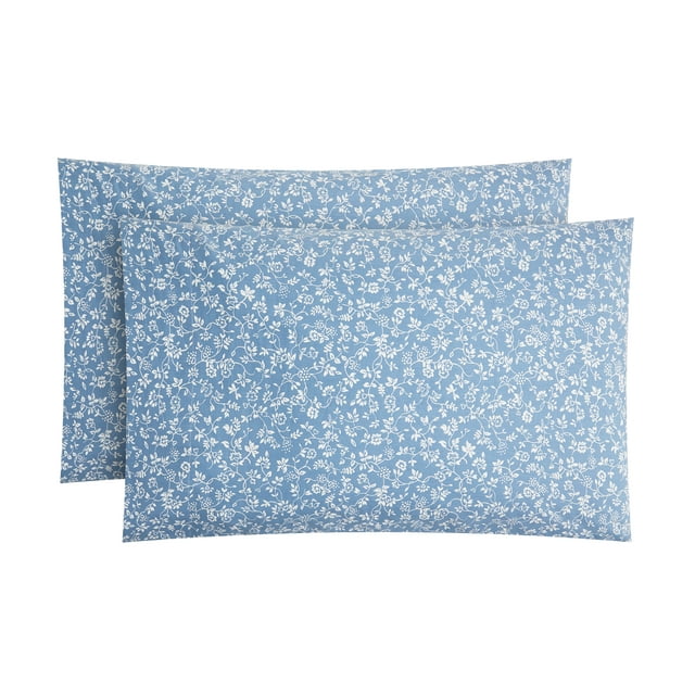 Mainstays 2 Piece 300 Thread Count Blue Floral Print Cvc Cotton Blend Pillowcase Set King 5023