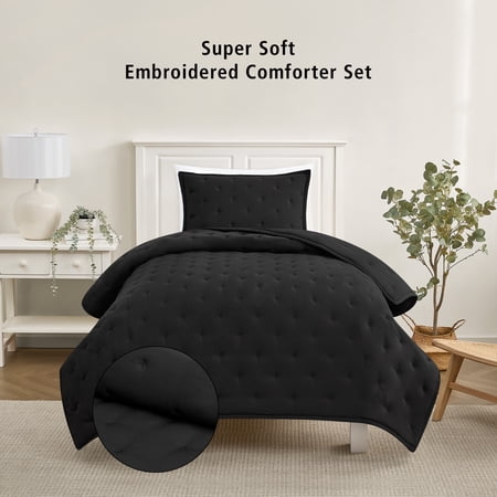 Mainstays Twin/Twin XL Comforter Set, Super Soft & Embroidered, 2-Piece, Black