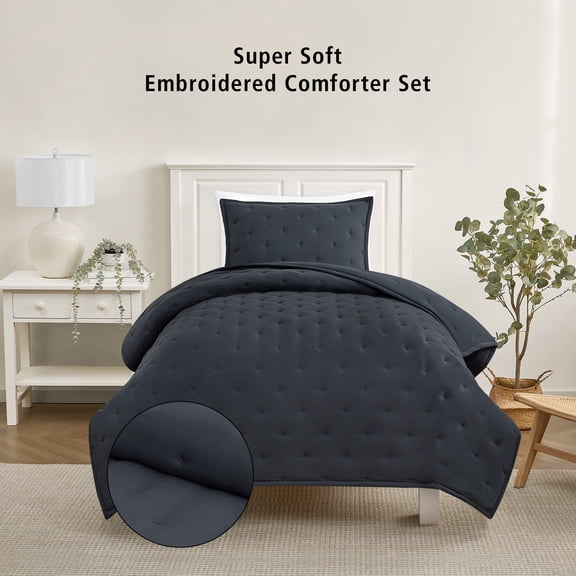 Mainstays Twin/Twin XL Comforter Set, Super Soft & Embroidered, 2-Piece, Grey