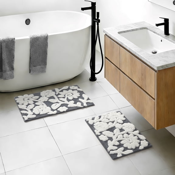 Mainstays 2 Piece Floral Bath Rug Set, Grey, 17" x 24" & 20" x 30"