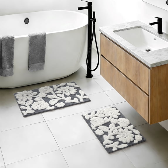 Mainstays 2 Piece Floral Bath Rug Set, Grey, 17" x 24" & 20" x 30"