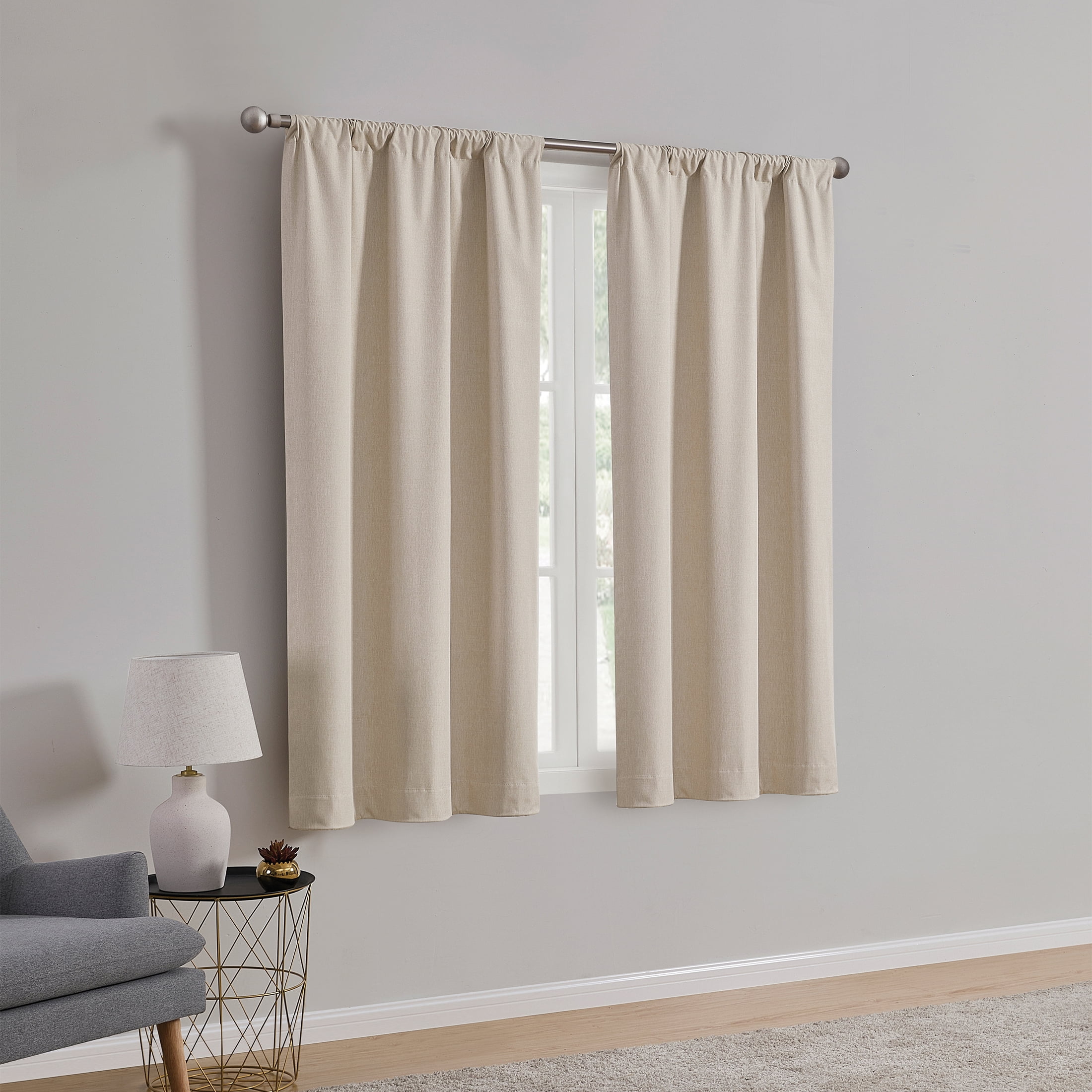 Mainstays Iris Linen Look 100% Blackout Curtain Panel Pair, Set of 2 Room Darkening Drapes for Bedroom, Beige, 37"W x 63"L