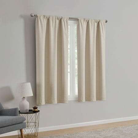 Mainstays Iris Linen Look 100% Blackout Curtain Panel Pair, Set of 2 Room Darkening Drapes for Bedroom, Beige, 37"W x 63"L