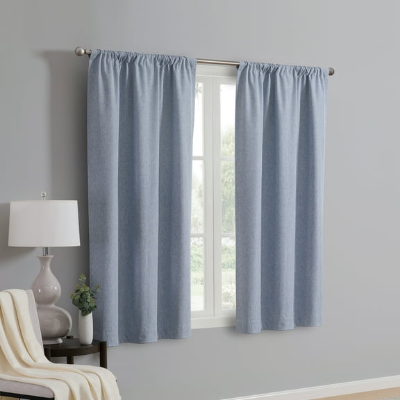 Mainstays Iris Linen Look 100% Blackout Curtain Panel Pair, Set of 2 Room Darkening Drapes for Bedroom, Blue, 37"W x 63"L