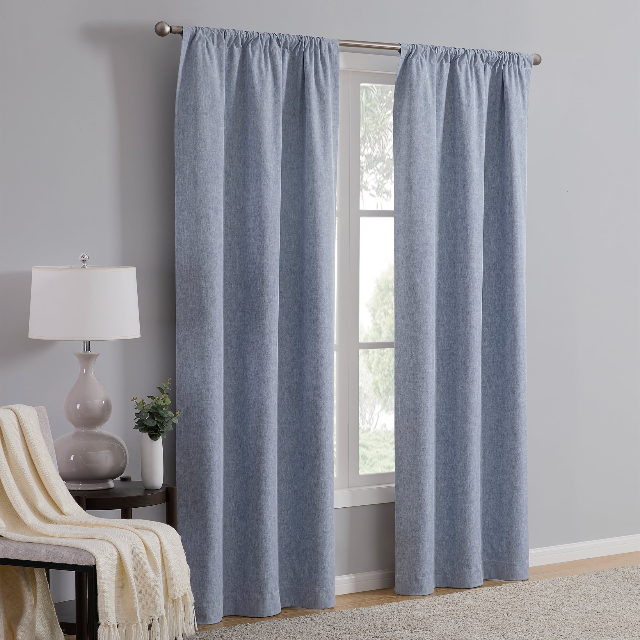 Mainstays Linen Look Blackout Curtain Panel Pair, Set of 2, Blue, 37 in W x 95 in L