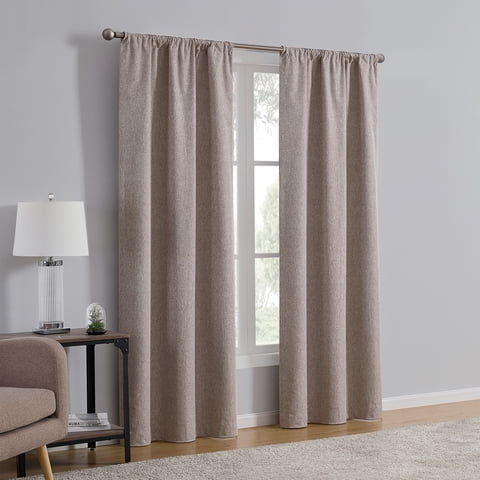 Mainstays Iris Linen Look 100% Blackout Curtain Panel Pair, Set of 2 Room Darkening Drapes for Bedroom, Brown, 37"W x 84"L