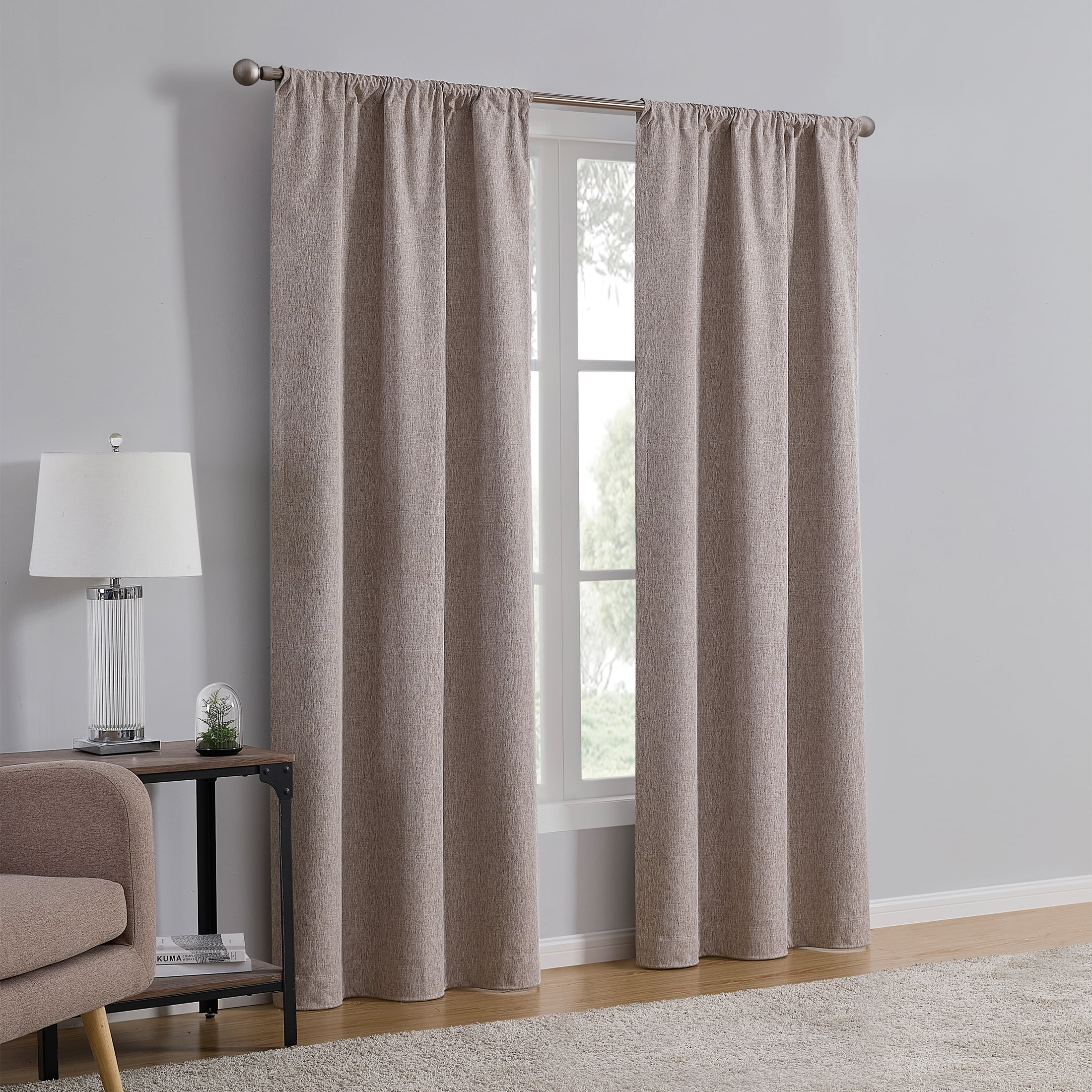 Mainstays Iris Linen Look 100% Blackout Curtain Panel Pair, Set of 2 Room Darkening Drapes for Bedroom, Brown, 37"W x 95"L