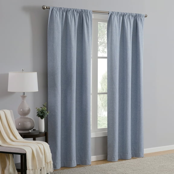 Mainstays Iris Linen Look 100% Blackout Curtain Panel Pair, Set of 2 Room Darkening Drapes for Bedroom, Blue, 37"W x 84"L