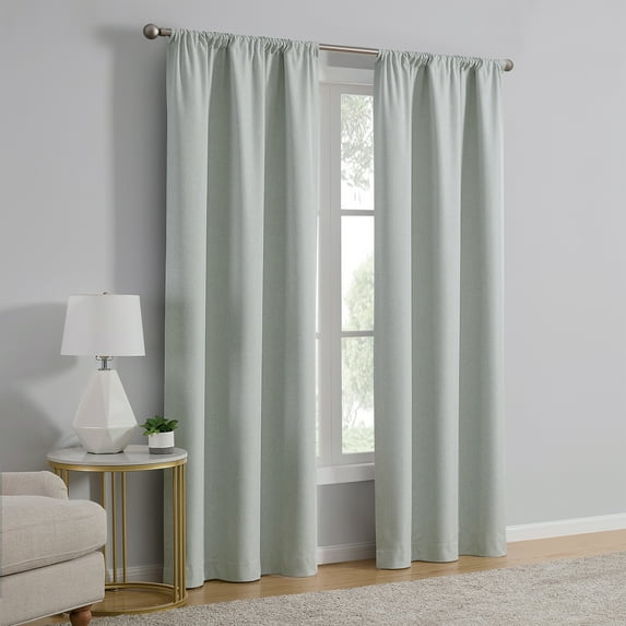 Mainstays Iris Linen Look 100% Blackout Curtain Panel Pair, Set of 2 Room Darkening Drapes for Bedroom, Soft Sea, 37"W x 84"L