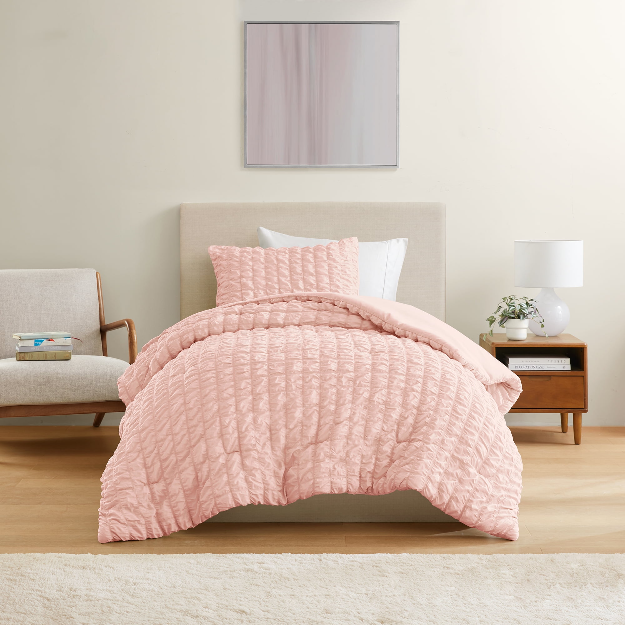 Mainstays 2-Piece Seersucker Comforter Set, Pink Blush, Twin/TXL, All Ages, Females