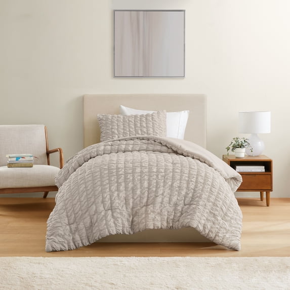 Mainstays 2-Piece Seersucker Comforter Set, Stone, Twin/TXL, All Ages, Unisex