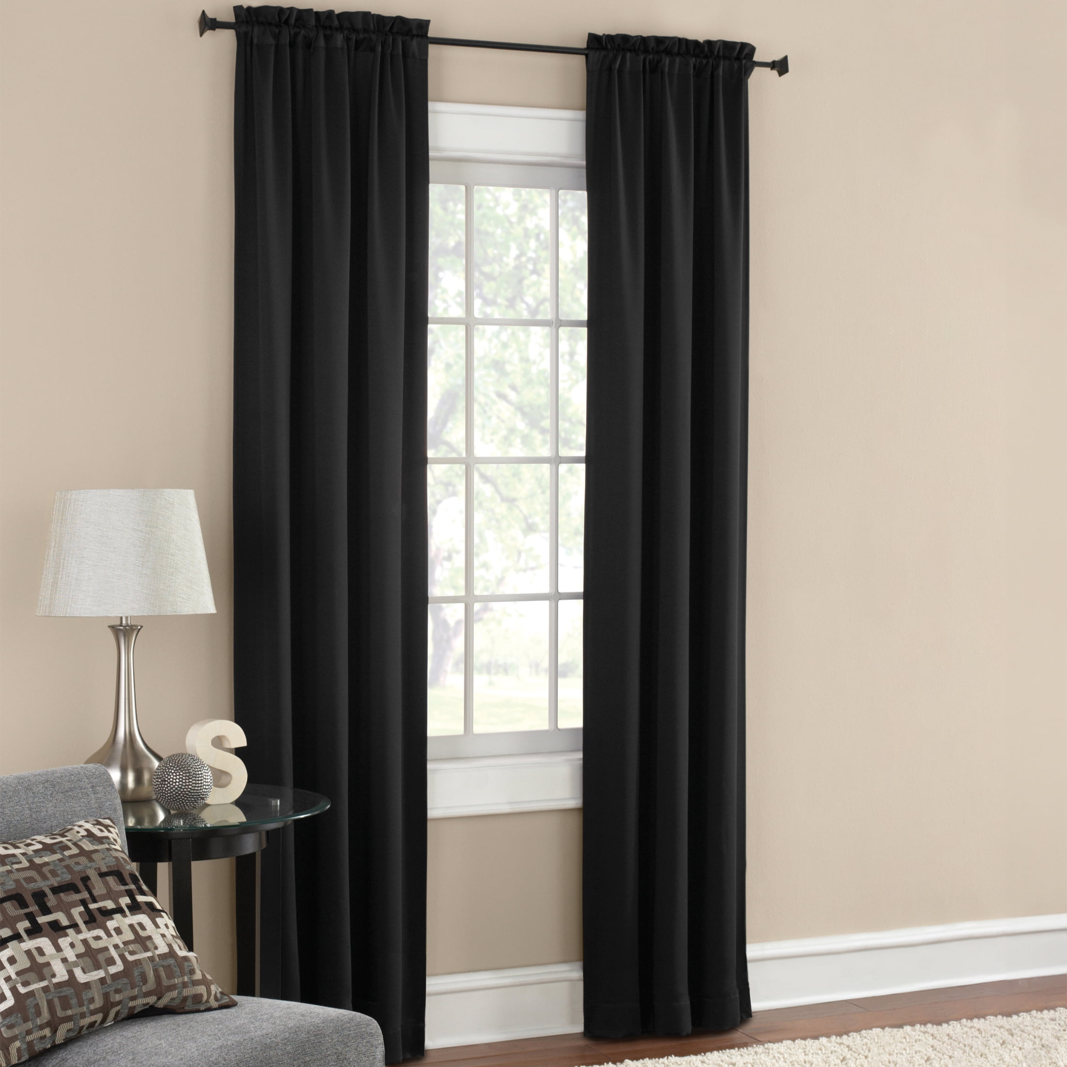 Mainstays Solid Blackout Curtain Panel Pair, Set of 2, Black, 30”W x 84”L
