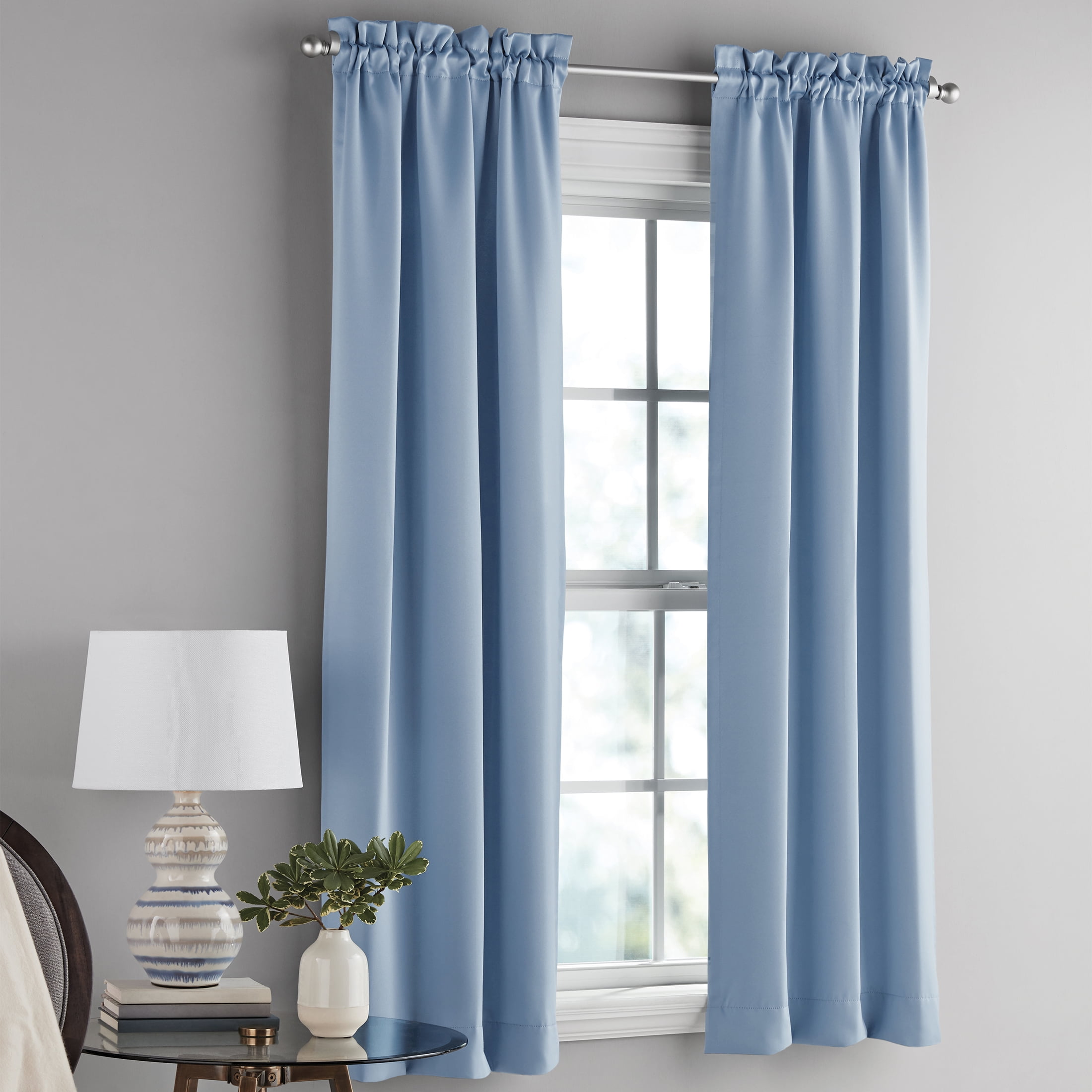 Mainstays Solid Blackout Curtain Panel Pair, Set of 2, Blue Quartz, 30”W x 63”L