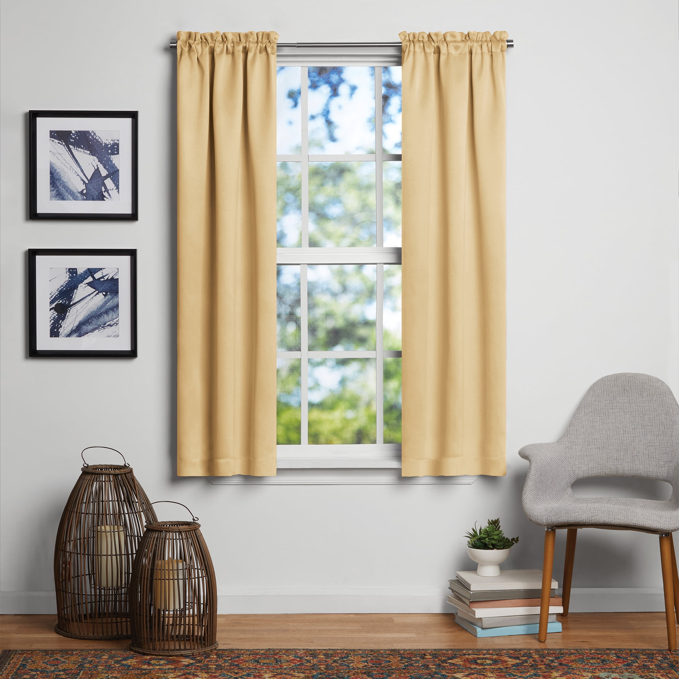 Mainstays Solid Room Darkening Curtain Panel Pair, Set of 2, Gold, 30"W x 63"L