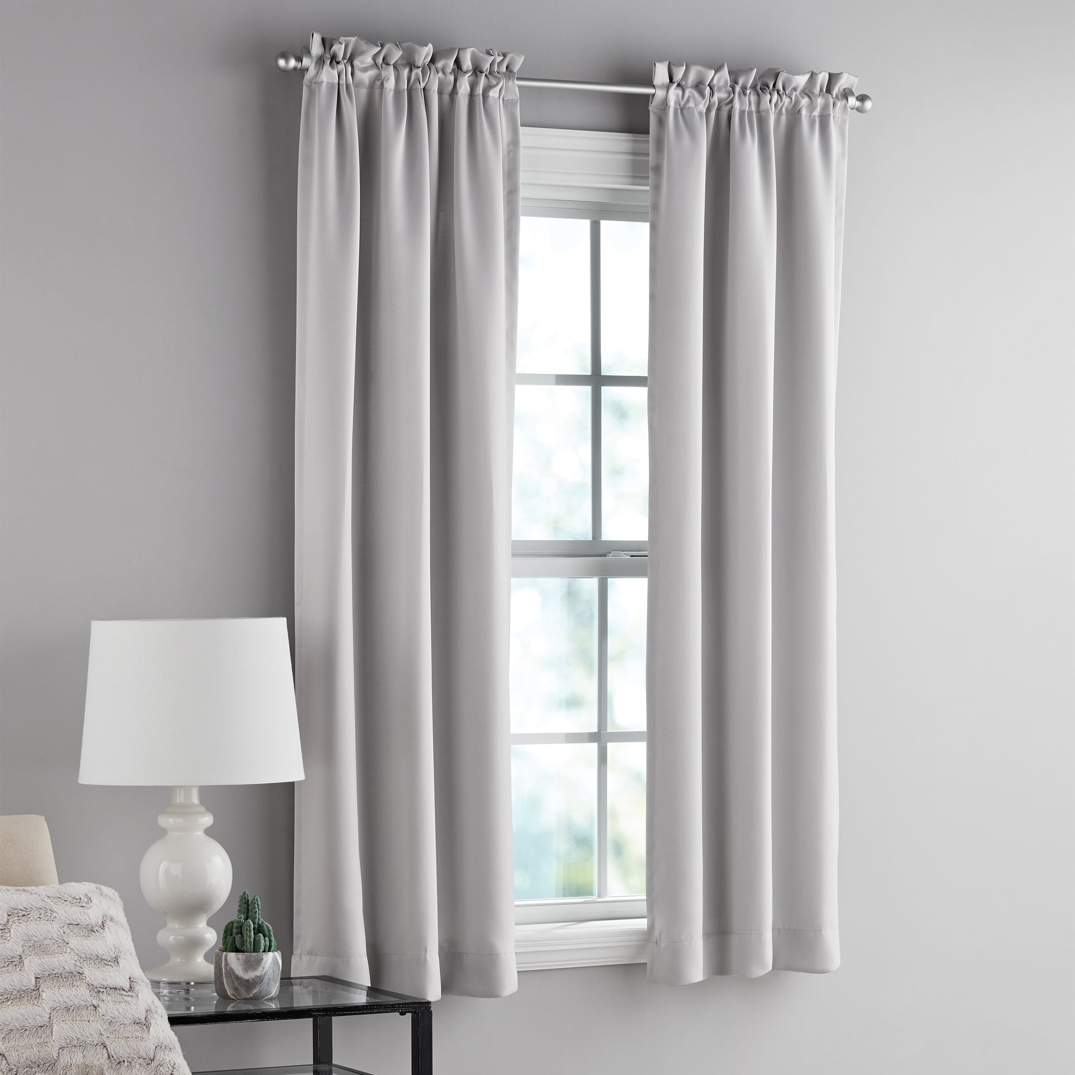 Mainstays Solid Blackout Curtain Panel Pair, Set of 2, Light Gray, 30”W x 63”L