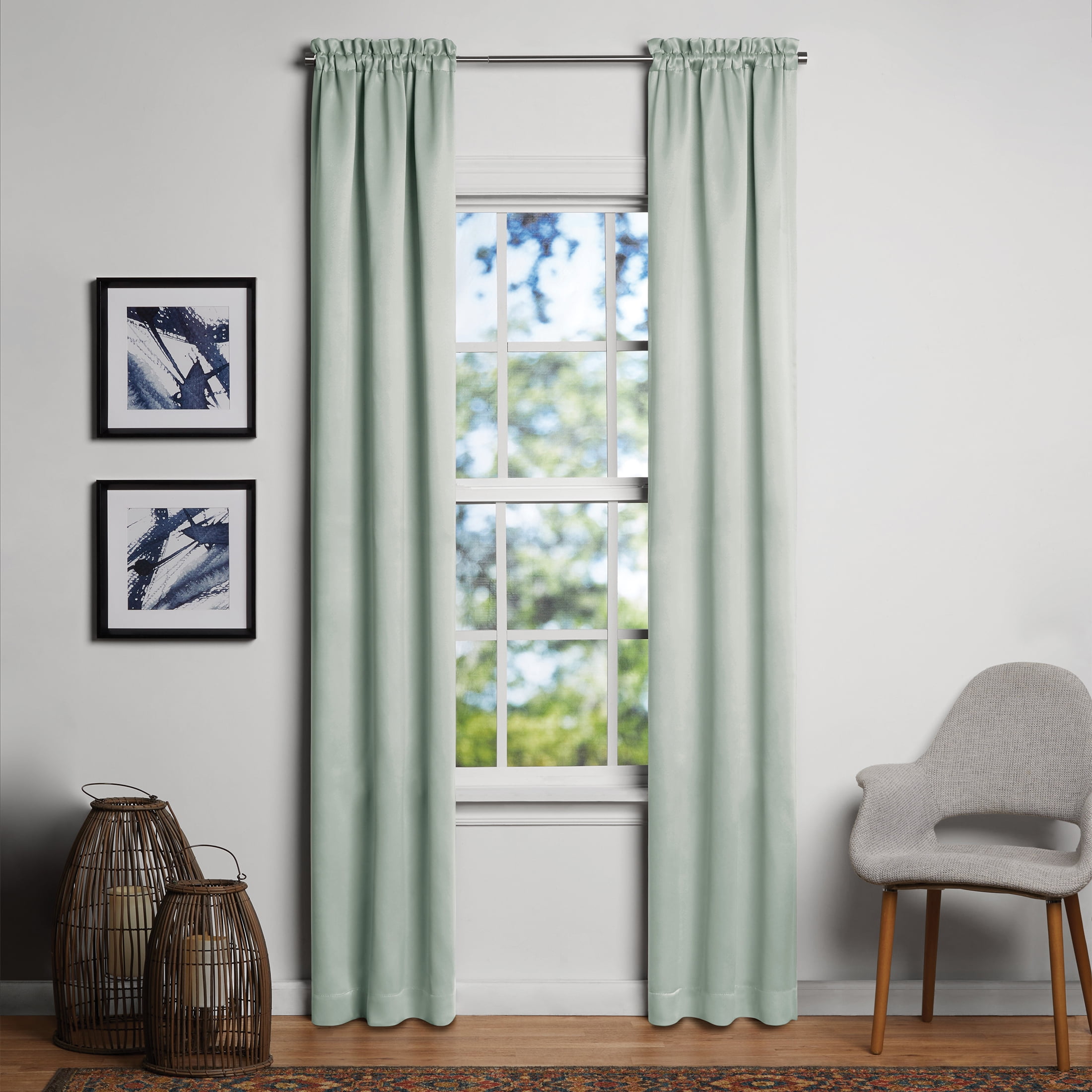 Mainstays Solid Blackout Curtain Panel Pair, Set of 2, Soft Sea, 30"W x95"L