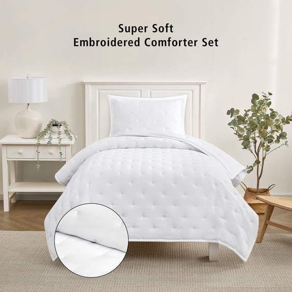Mainstays Twin/Twin XL Comforter Set, Super Soft & Embroidered, 2-Piece, White