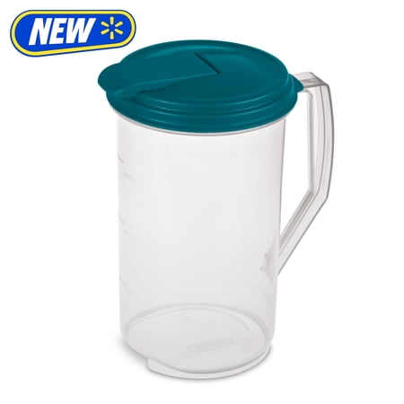 Mainstays 2 Quart Round Pitcher, Clear Plastic with Flip-top Spout, Handle and Measure Marks, BPA-Free, Teal Lid