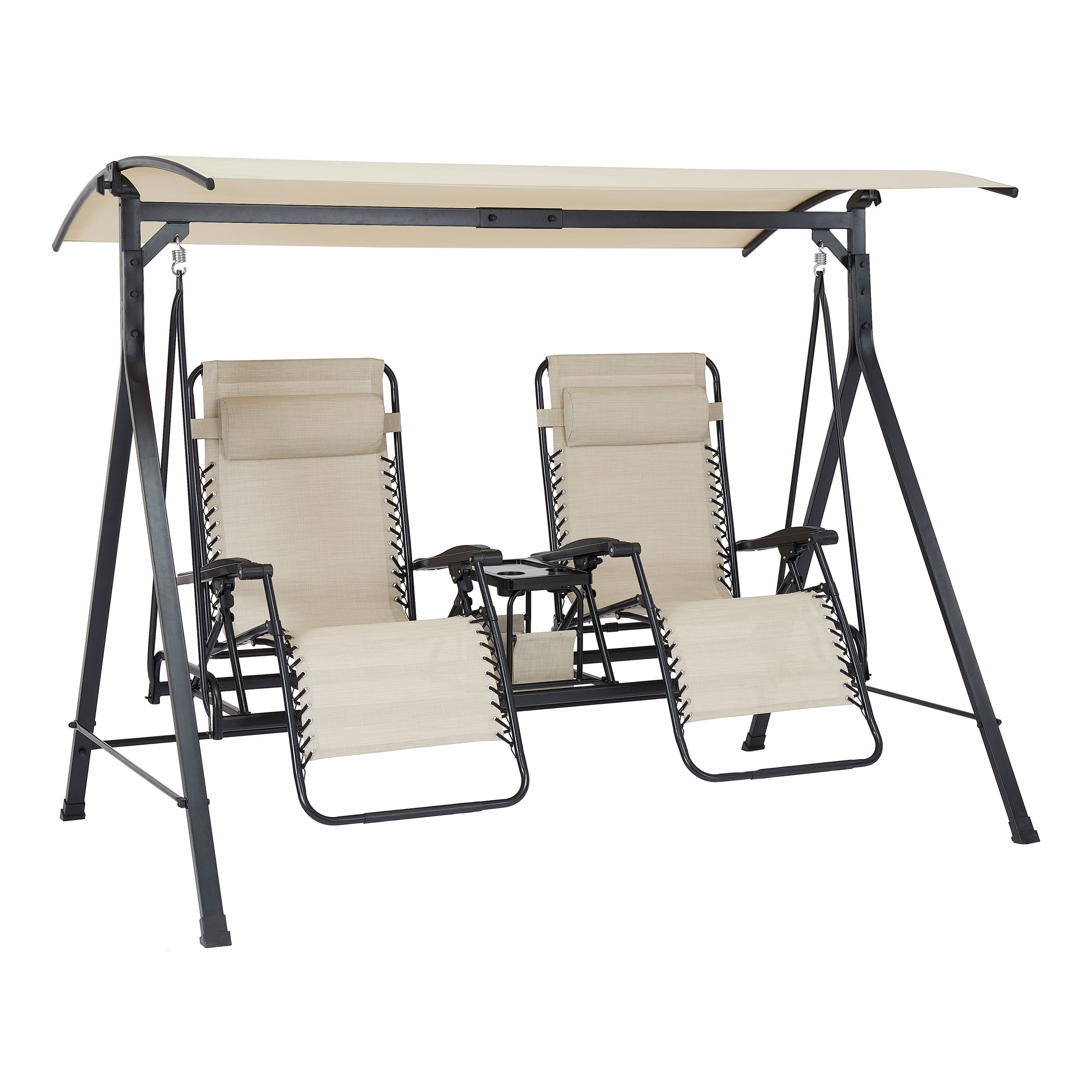 Mainstays 2-Seat Reclining Oversized Zero-Gravity Swing with Canopy and Center Storage Console, Beige/Black - image 1 of 9