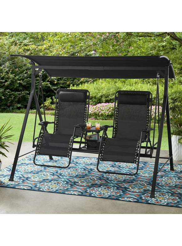 Mainstays 2-Seat Reclining Oversized Zero-Gravity Swing with Canopy and Center Storage Console, Black