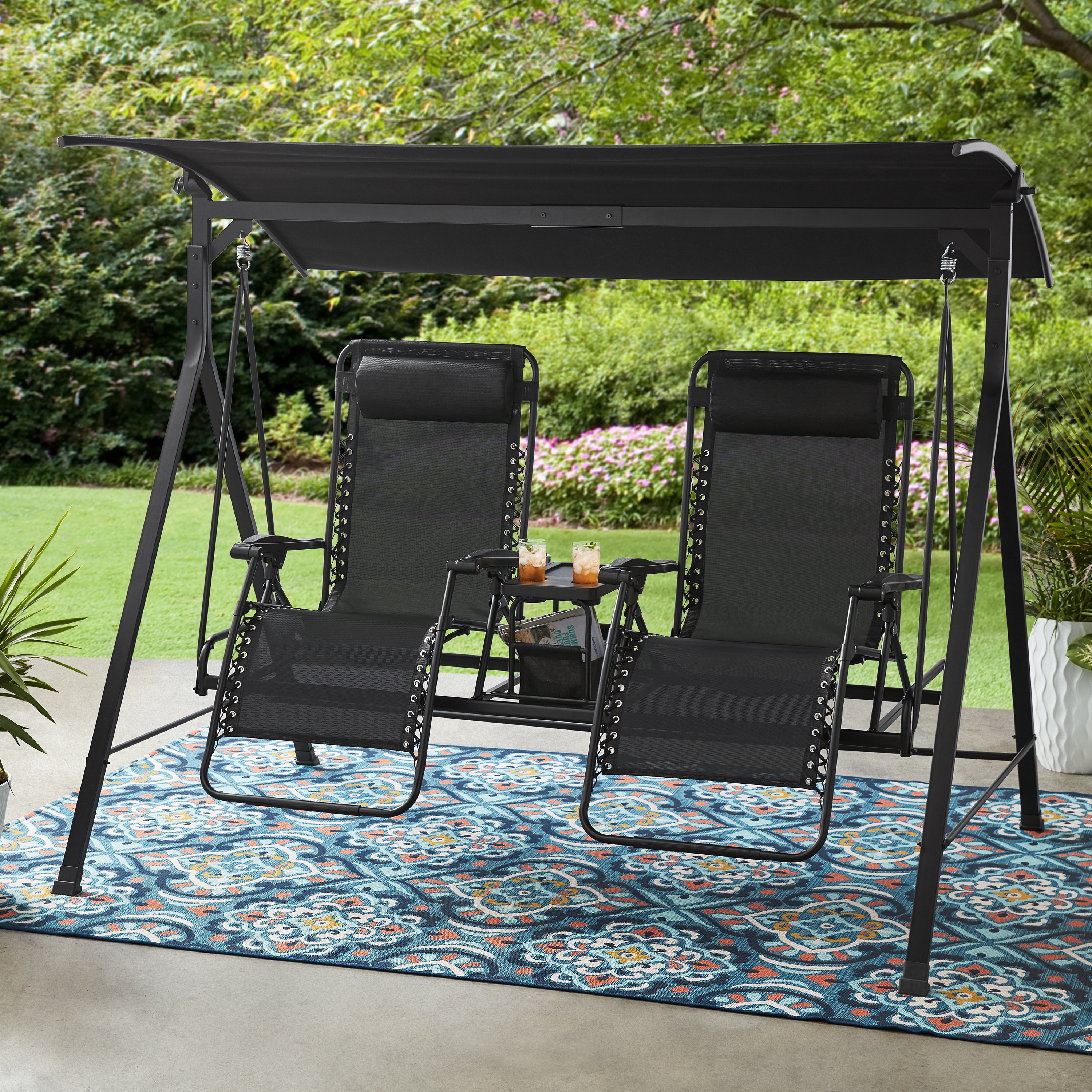 Mainstays 2-Seat Reclining Oversized Zero-Gravity Swing with Canopy and Center Storage Console, Black - image 1 of 8