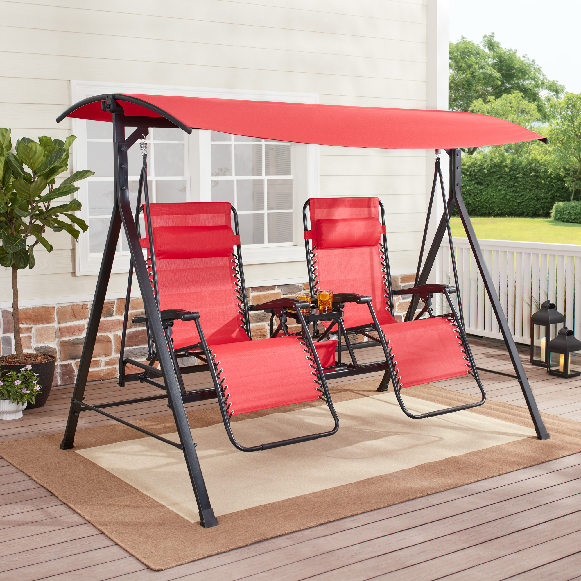 Mainstays 2-Seat Reclining Oversized Zero-Gravity Swing with Canopy and Center Storage Console, Red/Black - image 1 of 9