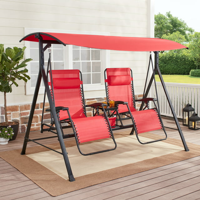 Mainstays 2-Seat Reclining Oversized Zero-Gravity Swing with Canopy and Center Storage Console, Red/Black