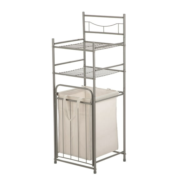 Mainstays Satin Nickel Bathroom Storage Tower with 2 Shelves and Removable Hamper