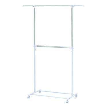 Mainstays 2 Tier Adjustable Chrome Garment Rack with Silver Metal and White Rod