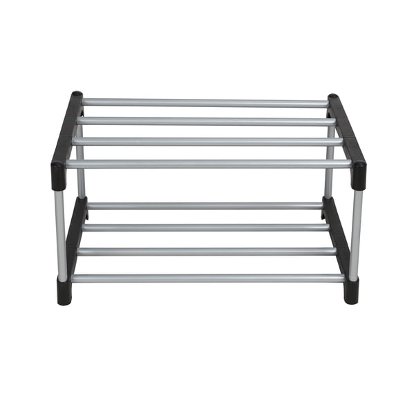 Mainstays 2-Tier Black and Silver Shoe Rack for Shoe Storage with Iron Poles & Plastic Connectors, Holds up to 4 Pairs