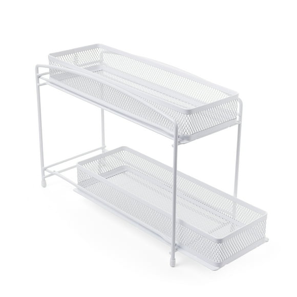 Mainstays 2-Tier Sliding Spice Organizer Rack, Pull-Out Cabinet and Pantry Spice Storage Rack for Kitchen Organization, 4.5" x 11", White