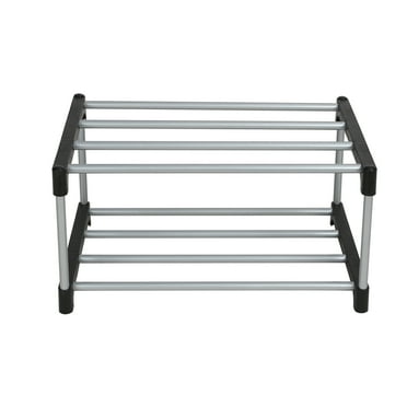 Mainstays 2 Tier Shoe Rack, Black and Silver, 4 Pairs of Shoes, Iron Poles & Plastic Connectors