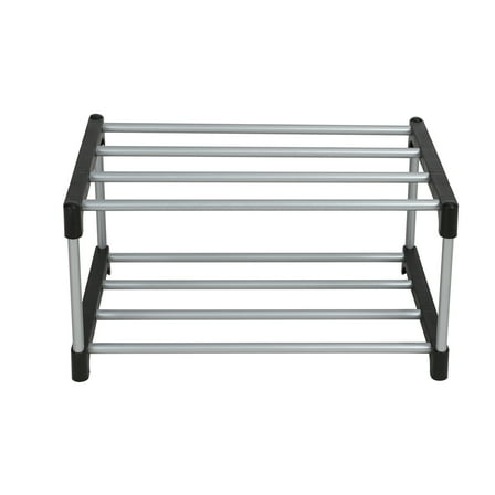 Mainstays 2 Tier Shoe Rack, Black and Silver, 4 Pairs of Shoes, Iron Poles & Plastic Connectors