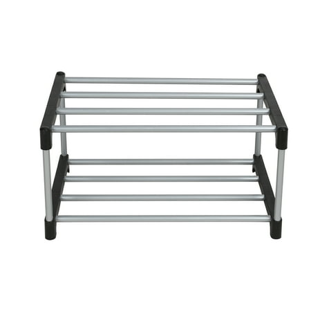 Mainstays 2-Tier Black and Silver Shoe Rack for Shoe Storage with Iron Poles & Plastic Connectors, Holds up to 4 Pairs