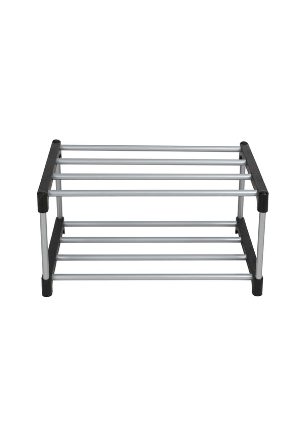 2-Tier Black and Silver Shoe Rack for Shoe Storage with Iron Poles & Plastic Connectors, Holds up to 4 Pairs