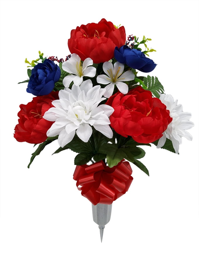 Mainstays 20.5in Outdoor Artificial Peony Flowers in Vase, Red, White and Blue Color.