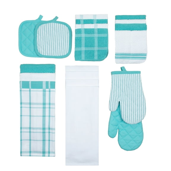 Mainstays Terry and Flat Stripe Kitchen Towel, Oven Mitt and Pot Holder Set, Aqua Stripe, 20 Pieces