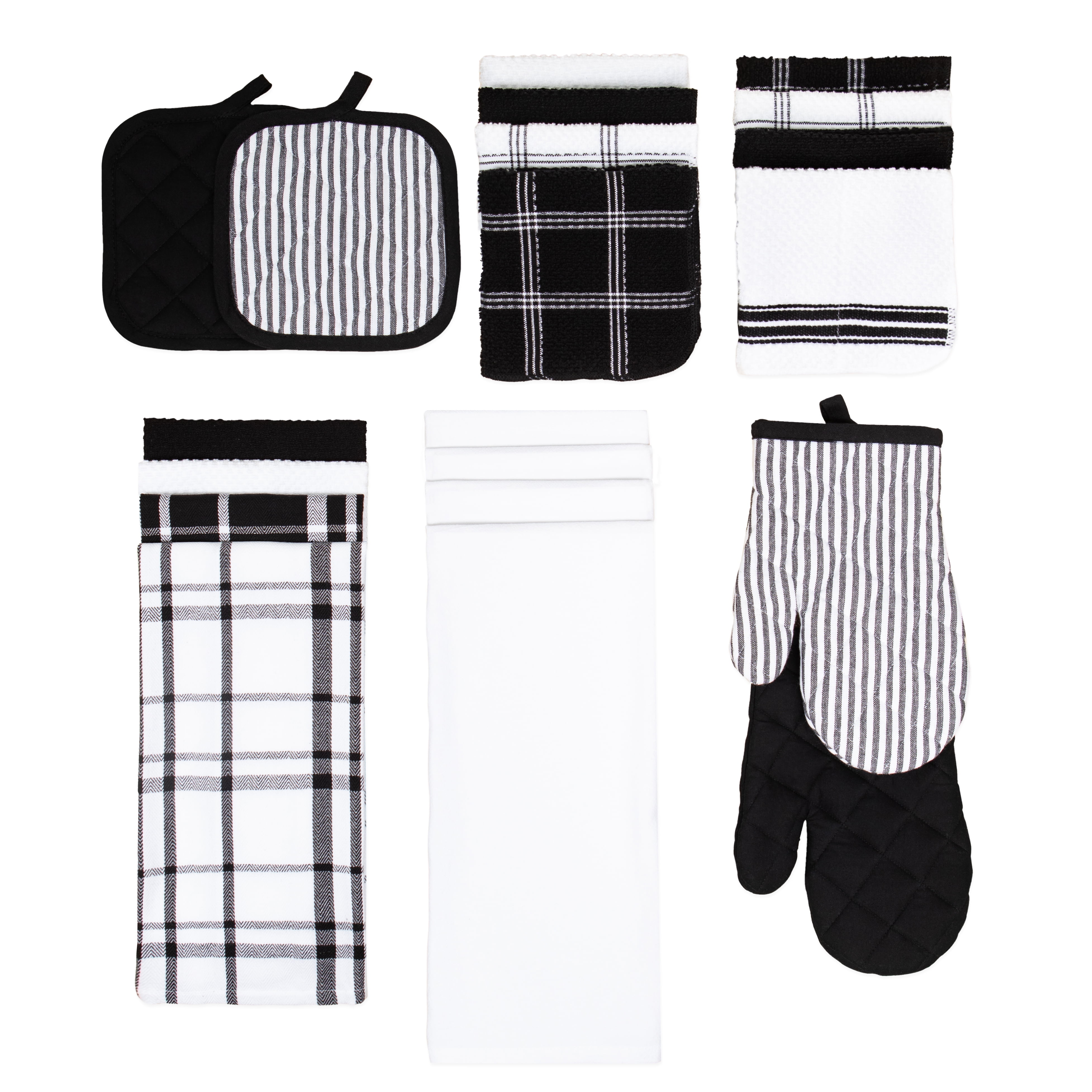 Set of 4 Black & White Windowpane Checkered Terry Dishtowels 15 x 26”