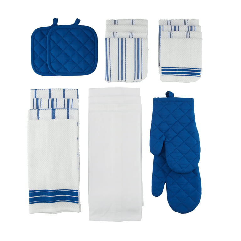  The Weaver's Blend Set of 3 Kitchen Towels + 3 Dish Cloths,  Basket Weave, 100% Cotton, Absorbent, Size 28”x18” and 12'x12”, Bright Blue  Stripe, Kitchen Towels and Dish Cloths Reusable Dish