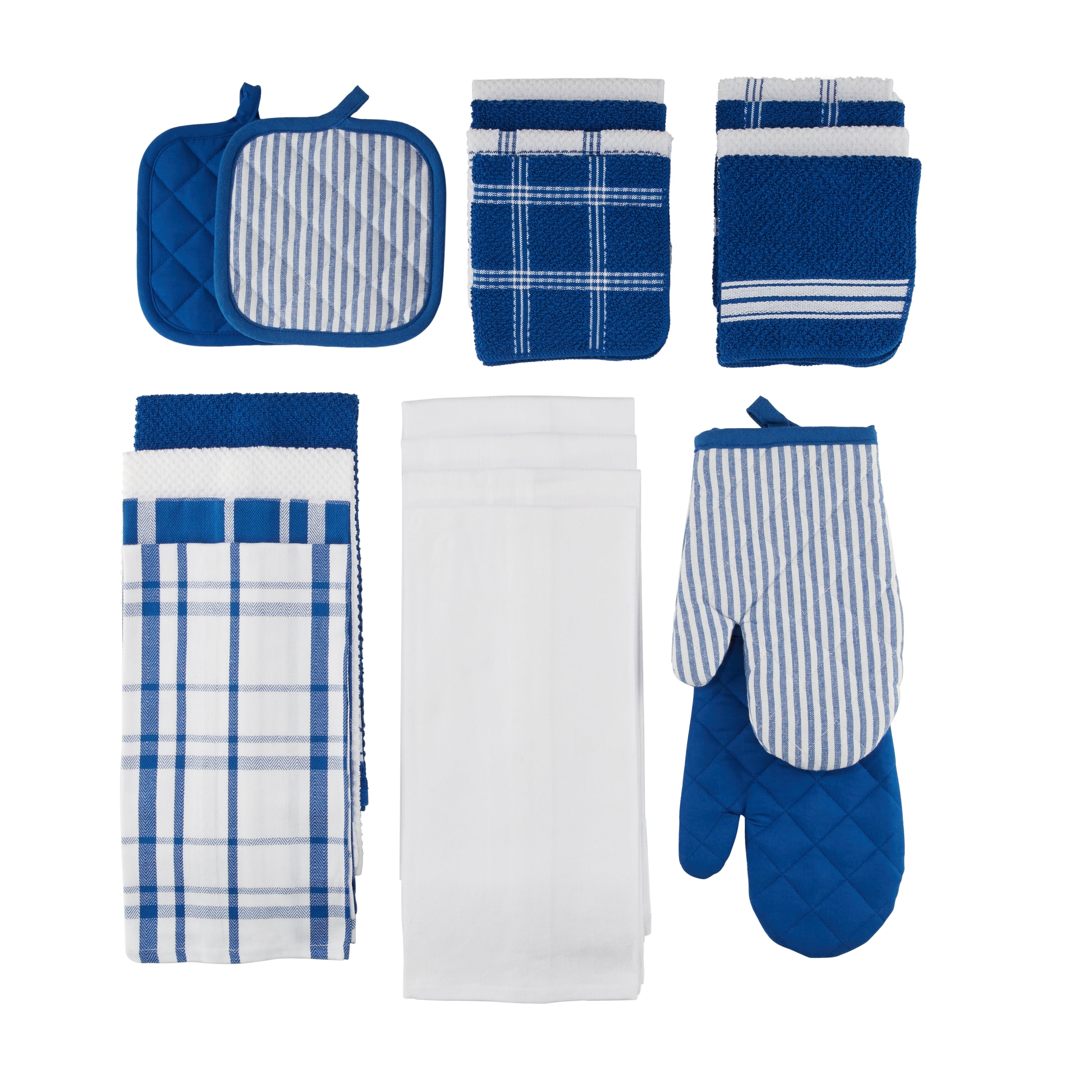The Weaver's Blend Set of 3 Kitchen Towels + 3 Dish Cloths, Basket Weave,  100% Cotton, Absorbent, Size 28”x18” and 12'x12”, Bright Blue Stripe