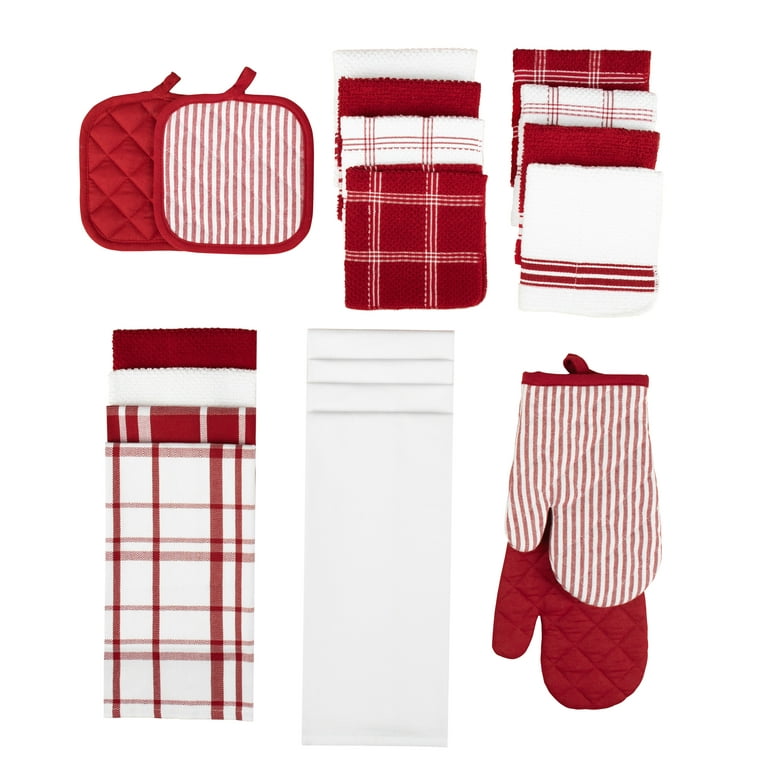 Mainstays, 20 Piece Set, Terry and Flat Kitchen Towel, Dish Cloth, Flour  Sack, Oven Mitt and Pot Holder Set, Red Stripe 