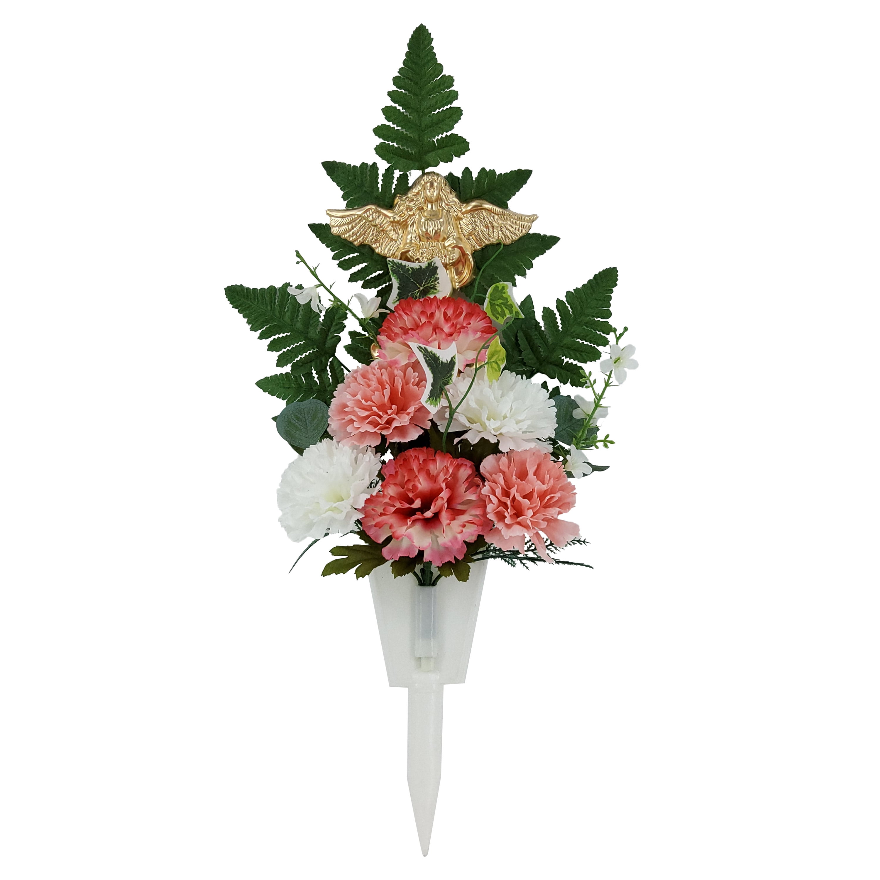 Mainstays 20in Outdoor Artificial Carnation Flower, Pink and White Colors, with an Angel Icon.
