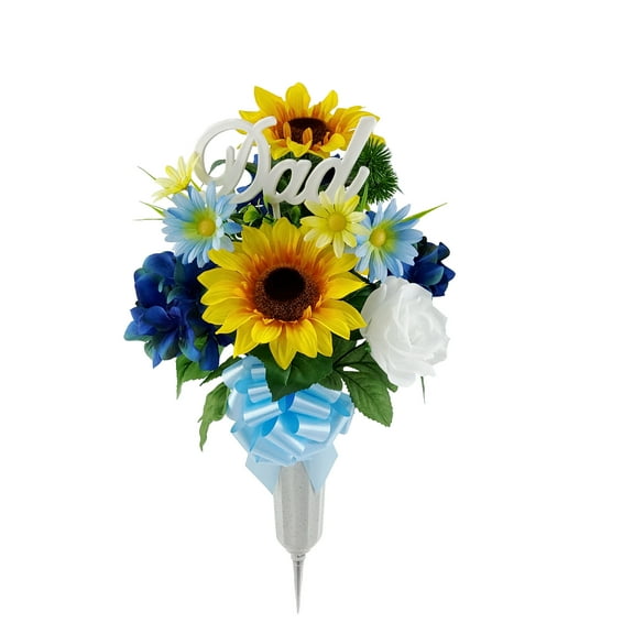 Mainstays 20in Outdoor Artificial Flowers in Vase with "Dad" Sign, Yellow Sunflower Blue Hydrangea.