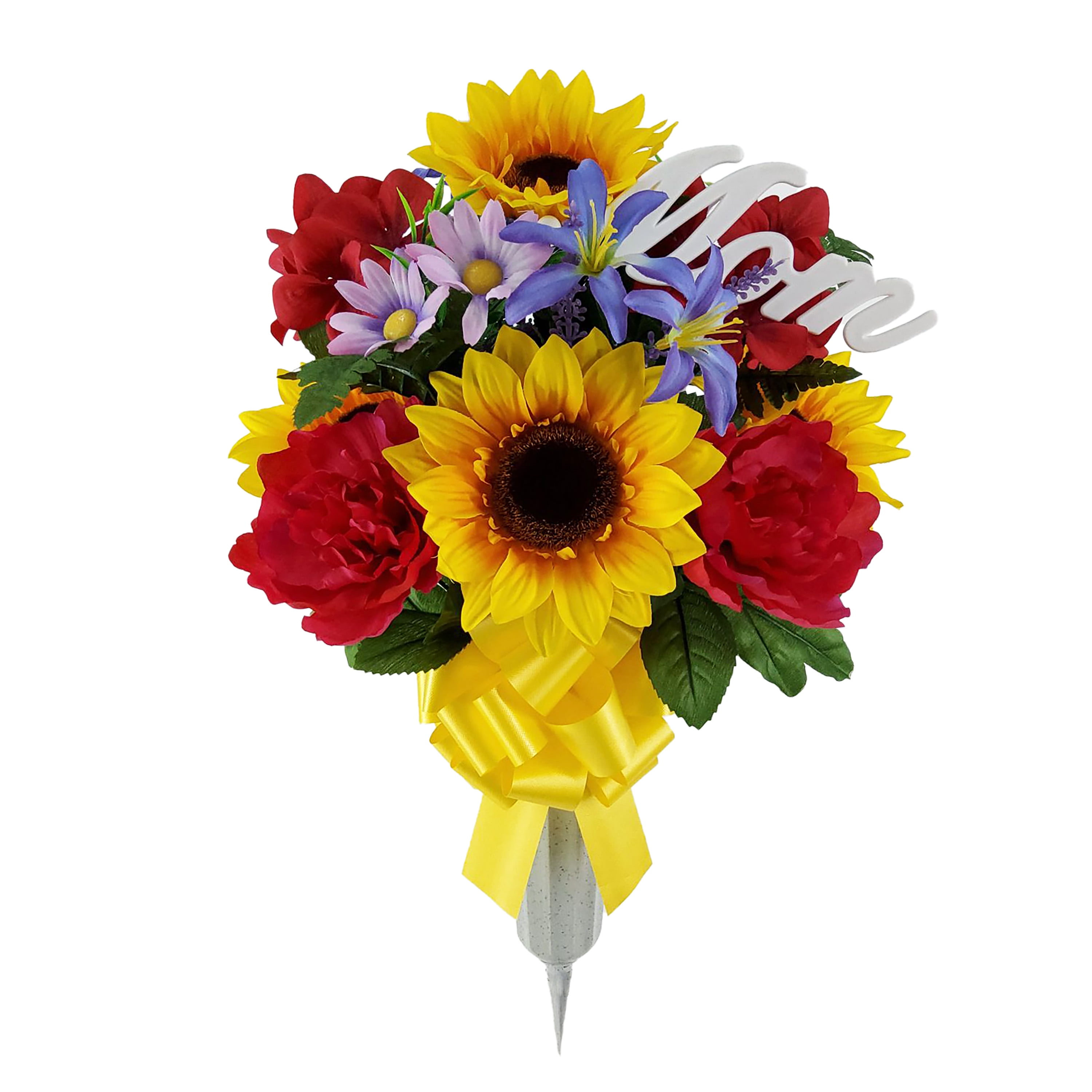 Mainstays 20in Outdoor Artificial Flowers in Vase with "Mom" Sign, Yellow Sunflower and Red Peony.