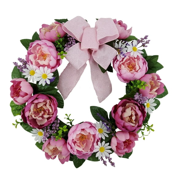 Mainstays 20in Outdoor Artificial Peony Wreath, Pink Color. Polyester.