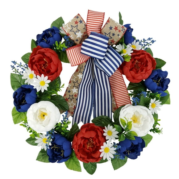 Mainstays 20in Outdoor Artificial Peony Wreath, Red, White and Blue Color. Polyester.