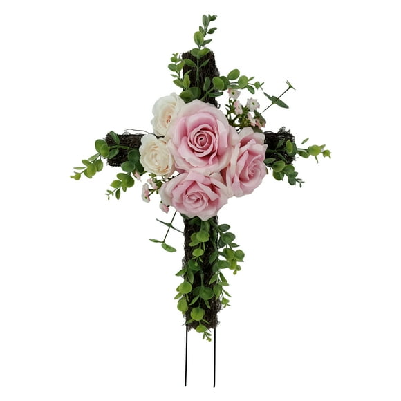 Mainstays 22in Outdoor Twig Cross, Rose Flower, Pink Color.