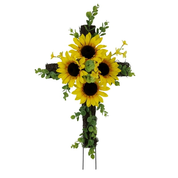 Mainstays 22in Outdoor Decor Twig Cross, Sunflower, Yellow Color.