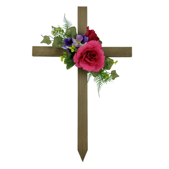 Mainstays 23.5in Outdoor Artificial Cemetery Floral Wood Cross, Rose, Fuchsia Color